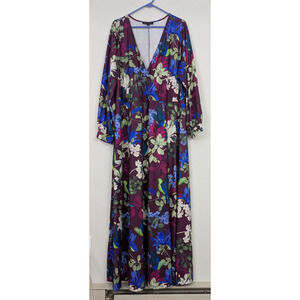 Eloquii sz 20 Faux Wrap Maxi length Dress bird floral print slinky ls 3133